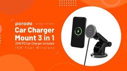 Porodo 3 in 1 Magnetic 15W Wireless Car Charger Mount with 20W PD Car Charger