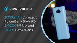 Powerology Power Bank with Charging Cable, Quick Charge Portable Power Bank 20000mAh PD 30W Fast Charging Power Bank