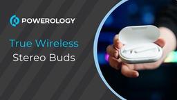 سماعات أذن لاسلكية من Powerology True Stereo Buds، مدة تشغيل تصل إلى 16 ساعة، بلوتوث 5.0، ملاءمة عالمية آمنة، تحكم باللمس، سعة بطارية 500 مللي أمبير في الساعة - أبيض 