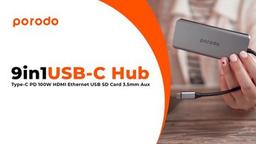 Porodo 9in1 USB-C Hub Type-C PD 100W HDMI إيثرنت USB بطاقة SD 3.5 مم Aux