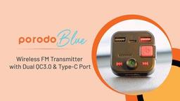 Porodo Blue Wireless FM Transmitter with Dual QC3.0 & Type-C Port, Quality Mic, Bass Boost, Lightweight & Compact, Micro SD Slot 64GB, Hands-Free Call, Stream Music, Travel Friendly - Black