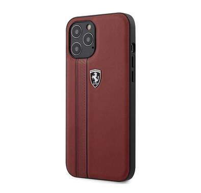 CG Mobile Ferrari Off Track Genuine Leather Hard Case with Contrasted Stitched &Embossed Lines Compatible for iPhone 12/12 Pro(6.1") Officially Licensed, Shock Resistant - Red