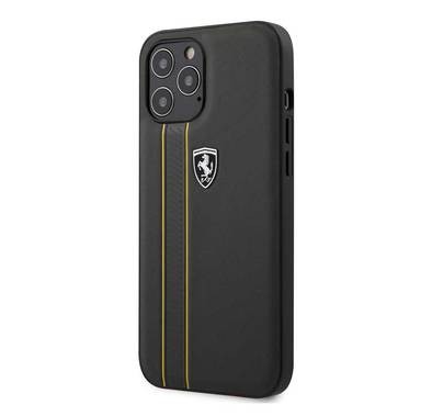 Ferrari Off Track Genuine Leather Hard Case with Contrasted Stitched and Embossed Lines for iPhone 12 Pro Max (6.7") - Dark Grey