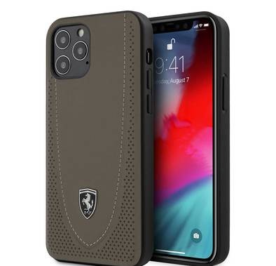 Ferrari Off Track Genuine Leather Hard Case with Curved Line Stitched and Contrasted Perforated Leather for iPhone 12 / 12 Pro (6.1") - Brown