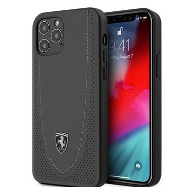 Ferrari Off Track Genuine Leather Hard Case with Curved Line Stitched and Contrasted Perforated Leather for iPhone 12 / 12 Pro (6.1") - Dark Gray