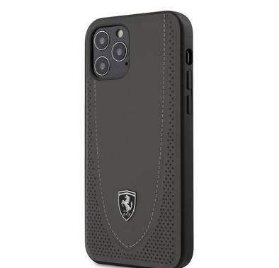 Ferrari Off Track Genuine Leather Hard Case with Curved Line Stitched and Contrasted Perforated Leather for iPhone 12 Pro Max (6.7") - Dark Gray