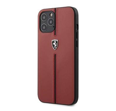 Ferrari Off Track Genuine Leather Hard Case with Contrasted Stitched Nylon Middle Stripe for iPhone 12 / 12 Pro (6.1") - Red