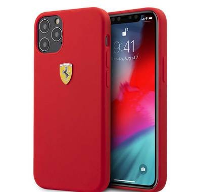 جراب CG Mobile Ferrari On Track Liquid من السيليكون بشعار معدني متوافق مع iPhone 12 Pro Max (6.7 بوصة) - أحمر