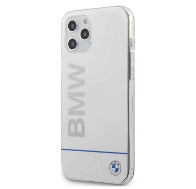 CG Mobile BMW PC/TPU Shiny Hard Case Blue Horizontal Line and Printed Logo for iPhone 12 / 12 Pro (6.1") Suitable with Wireless Chargers Officially Licensed White