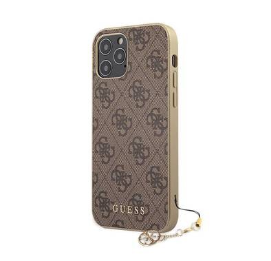 CG MOBILE Guess 4G PU Phone Case with Charm Compatible for iPhone 12/12 Pro (6.1") Anti-Scratch Mobile Case Officially Licensed - Brown