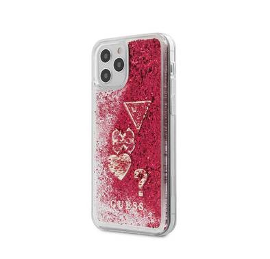 CG Mobile Guess Liquid Glitter ''HEARTS'' Charms Hard Case Compatible for iPhone 12 Pro Max (6.7") Suitable with Wireless Chargers Officially Licensed - Raspberry