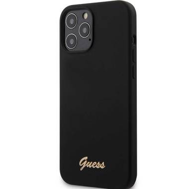 CG Mobile Guess Liquid Silicone Case with Metal Logo Script for iPhone 12 Pro Max (6.7") Shock & Scratch Resistant, Suitable with Wireless Chargers Officially Licensed - Black