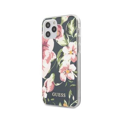 CG Mobile Guess PC/TPU Flower Collection Shiny Pattern Case for iPhone 12 / 12 Pro (6.1") Shock & Drop Protection Suitable with Wireless Chargers Officially Licensed - Navy