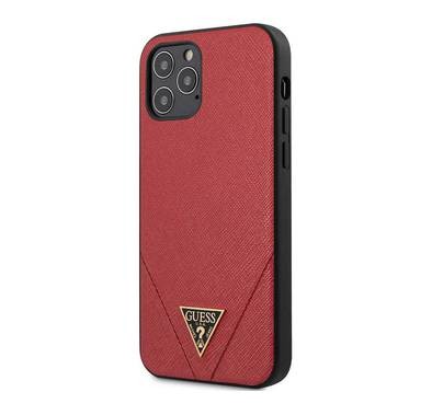 CG Mobile Guess PU Saffiano V Stitched with Metal Logo Case for iPhone 12 / 12 Pro (6.1") Shock & Drop Protection Suitable with Wireless Chargers Officially Licensed - Red