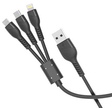 Porodo PVC 3 in 1 Cable 1.4 M, 3 in 1 Multiple USB Charger Cable with Lightning/USB Type C/Micro USB Connector, Compatible for Devices with Lightning/Type C/Micro USB Cable - Black