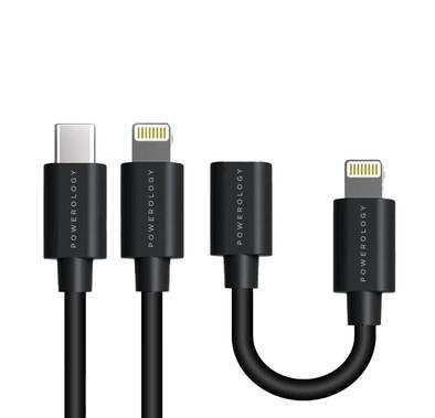 مجموعة كابل Powerology USB-C إلى Lightning (0.25 م + 0.9 م) للشحن السريع ومزامنة البيانات - (أسود) - 90 سم