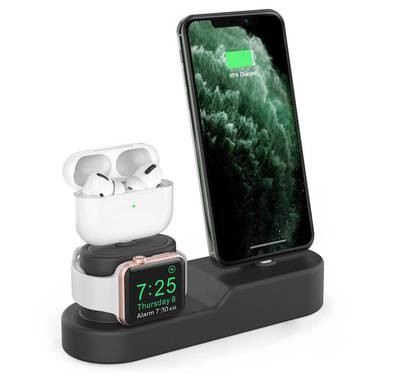 AhaStyle 3 in 1 Silicone Charging Dock/Silicone Stand and Cable organizer Compatible for Charging All iPhone Models, AirPods Pro/1/2, and Apple Watch Series 5/4/3/2/1 - Black