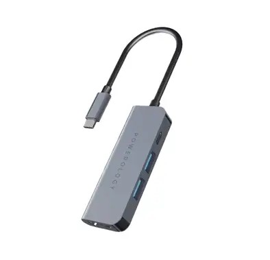 Powerology USB-C Hub 4 in 1 Charge, HDMI 4K USB 3.0 60W PD  - Gray