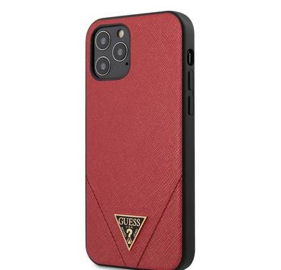 CG Mobile Guess PU Saffiano V Stitched w/ Metal Logo Case, Shock-Absorption & Drop Protection for iPhone 12 Pro Max (6.7") Officially Licensed - Red