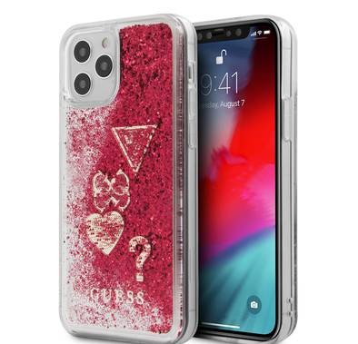 CG MOBILE Guess Liquid Glitter "HEARTS" Charms Hard Phone Case Compatible for iPhone 12/12 Pro (6.1") Shock-Absorption Mobile Case Officially Licensed - Raspberry