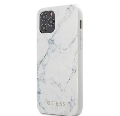 CG Mobile Guess PC/TPU Marble Design Case, Shock-Absorption & Drop Protection for iPhone 12 / 12 Pro ( 6.1" ) Officially Licensed - White