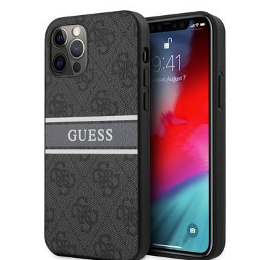 CG MOBILE Guess PU 4G Stripe Hard Case Compatible for iPhone 12 / 12 Pro (6.1") Shock & Scratch Resistant, Easy Access to All Ports, Drop Protection - Grey