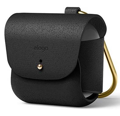 Elago Leather Case with Keychain Compatible with AirPods 3 Case, Natural Cowhide Leather Case with Brass Ring Holder, Supports Wireless Charging - Black