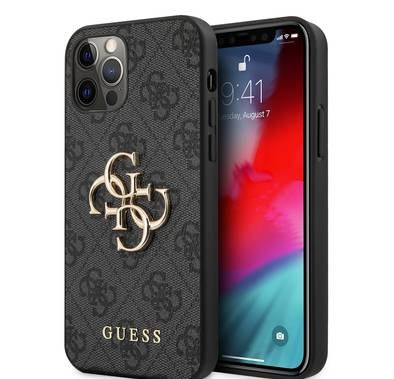 CG Mobile Guess PU 4G Big Metal Logo Hard Case Compatible for Apple iPhone 12 / 12 Pro (6.1") Easy Access to All Ports, Anti-Scratch, Shock-Absorption - Black