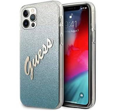 CG MOBILE Guess HC PC/TPU Script Glitter Back Shield Hard Phone Case Compatible for Apple iPhone 12 Pro Max (6.7") Shock-Absorption Mobile Case Officially Licensed - Gradient Blue