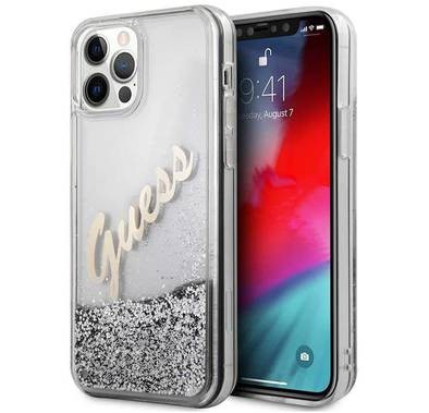 جراب Guess Liquid Glitter Script لهاتف iPhone 12/12 Pro (6.1 بوصة) - فضي