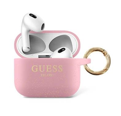 CG MOBILE Guess Silicone Glitter Case with Ring Compatible for AirPods 3, Scratch & Drop Resistant, Dustproof & Absorbing Protective Silicone Cover