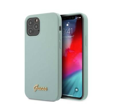 CG MOBILE Guess Liquid Silicone Phone Case w/ Metal Logo Script for iPhone 12 Mini (5.4") Mobile Case Compatible with Wireless Chargers Officially Licensed - Light Blue