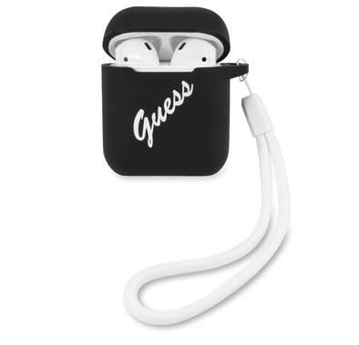 CG MOBILE Guess Silicone Vintage Case White Logo with Lanyard Compatible for AirPods 1/2, Scratch & Drop Resistant, Dustproof & Absorbing Protective Silicone Cover