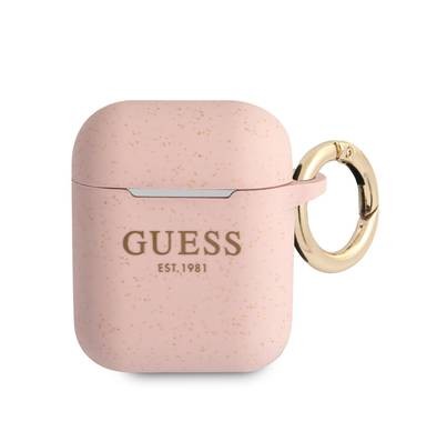 CG MOBILE Guess Silicone Glitter Case with Anti-Lost Ring Compatible for AirPods 1/2, Scratch Resistant, Shock Absorption & Drop Protection Cover Officially Licensed - Pink