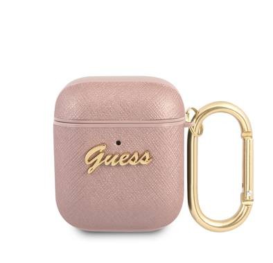 CG Mobile Guess PU Saffiano Case with Script Metal Logo for Airpods 1/2, Scratch Resistant, Shock Absorption & Drop Protection Cover Officially Licensed - Pink