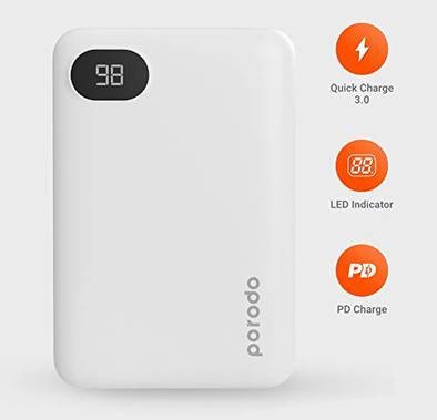 Porodo 4-Port Power Bank with Digital Power Display - 10000 mAh - White