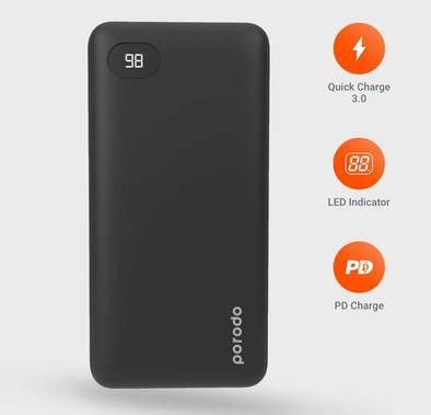 Porodo 4-Port Power Bank with Digital Power Display - 20000 mAh - Black