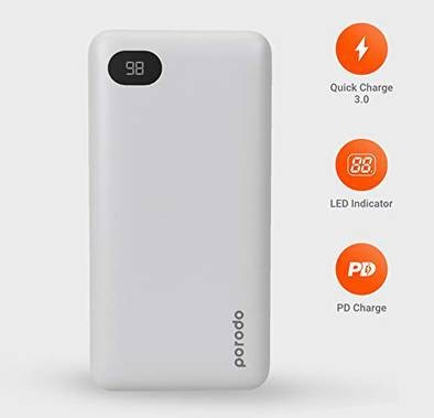 Porodo 4-Port Power Bank with Digital Power Display - 20000 mAh - White