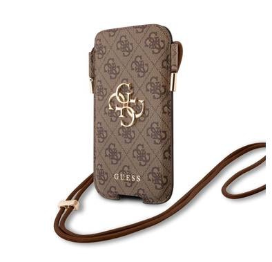 CG MOBILE Guess 4G Script Crossbody Pouch Case with Cord Compatible for iPhone 12 / 12 Pro ( 6.1" ) Anti-Fall Necklace, Adjustable Neck Cord Lanyard Strap Officially Licensed - Brown