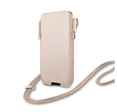 CG MOBILE Guess Saffiano Classic Crossbody Pouch Case with Cord for iPhone 12 / 12 Pro ( 6.1" ) Anti-Fall Necklace, Adjustable Neck Cord Lanyard Strap Officially Licensed Gold