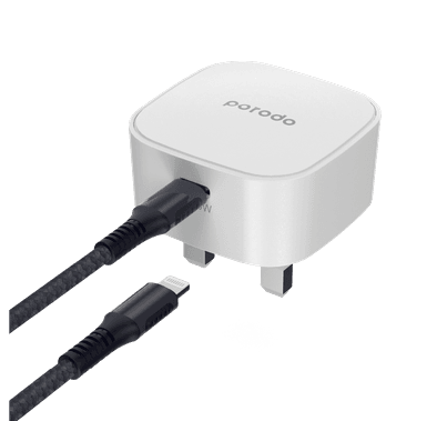 Porodo Super-Compact Fast Wall Charger UK with Braided Type-C to Lightning Cable - White