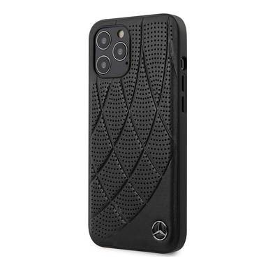 CG MOBILE Mercedes-Benz Genuine Leather Hard Case Quilted Perforated & Metal Star Logo Compatible for iPhone 12/12 Pro (6.1") Drop Absorption Cover Officially Licensed - Black