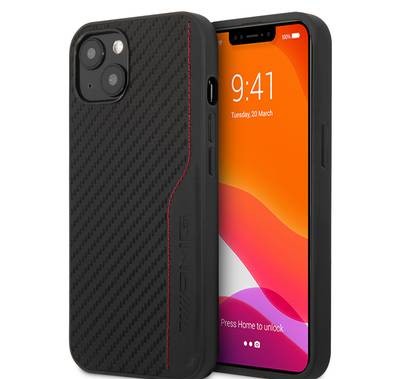 CG MOBILE AMG Hard Case with PU Carbon Effect Leather & Red Stitching Line Hot Stamped Logo Compatible for iPhone 13 Pro Max (6.7") Easy Access to All Ports, Shock-Absorption, Anti-Scratch, & Drop Protection Back Cover Suitable with Wireless Charging Officially Licensed