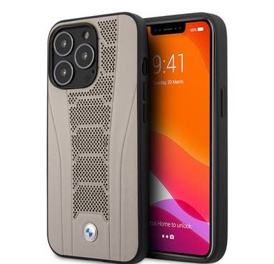 CG MOBILE BMW Real Leather Hard Case Seat Pattern Tone On Tone Perforations Debossed Lines Compatible for iPhone 13 Pro Max (6.7")  - Beige