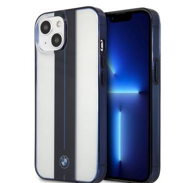 CG MOBILE BMW PC Transparent Hard Case with Navy Middle Stripe & Light Blue Line with Navy Edges Compatible for iPhone 13 (6.1")