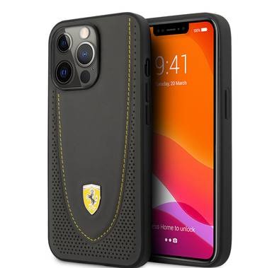 CG MOBILE Ferrari Genuine Leather Hard Case with Curved Line Stitched & Perforated Leather Compatible for iPhone 13 Pro Max (6.7") Shock & Scratches Resistant, Easy Access to All Ports, Protective Back Cover Suitable with Wireless Charging Officially Licensed