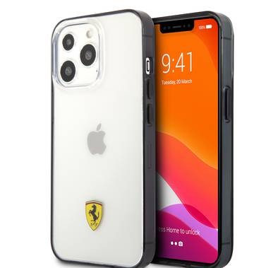 CG MOBILE Ferrari Transparent Case Print Logo Compatible for iPhone 13 Pro Max (6.7") Scratches Resistant, Easy Access to All Ports, Drop & Shock Absorption Protective Back Cover Suitable with Wireless Charging Officially Licensed