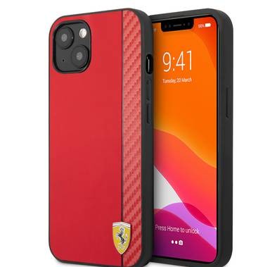 CG MOBILE Ferrari Hard Case PU Smooth & Carbon Effect Vertical Stripe Metal Logo Compatible for iPhone 13 Mini (5.4") Anti-Scratch, Easy Access to All Ports