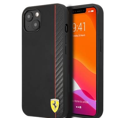 CG MOBILE Ferrari Hard Case PU Smooth & Carbon Effect Vertical Stripe Metal Logo Compatible for iPhone 13 (6.1") Anti-Scratch, Easy Access to All Ports