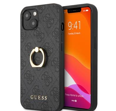 CG MOBILE Guess PU Leather 4G Case with 360° Rotating Ring Grip Holder Stand Compatible for iPhone 13 (6.1") Suitable with Wireless Charging Officially Licensed - Black